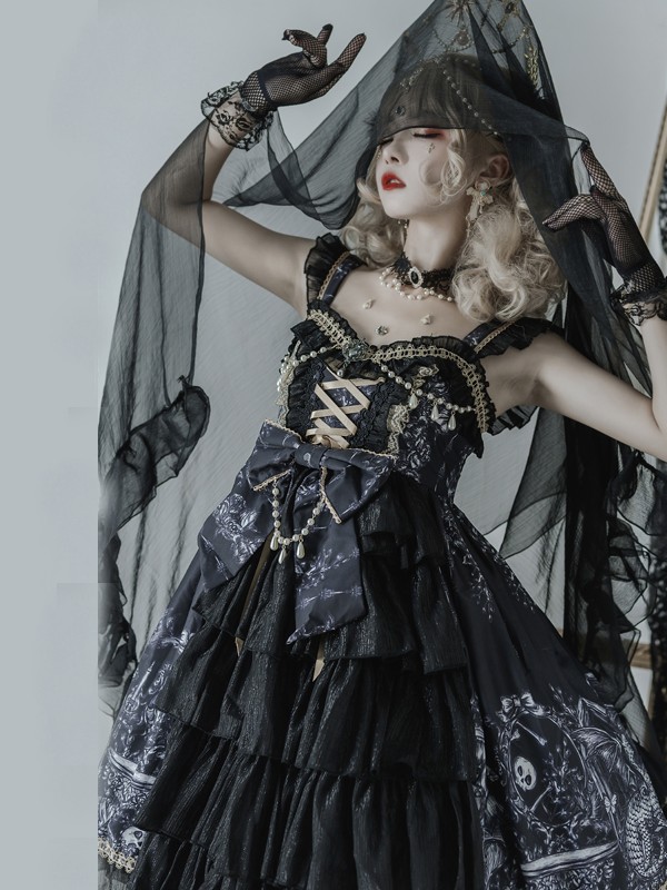 Black Retro Print Gothic Lolita JSK Suspender Dress Black Retro Print Gothic Lolita JSK Suspender Dress