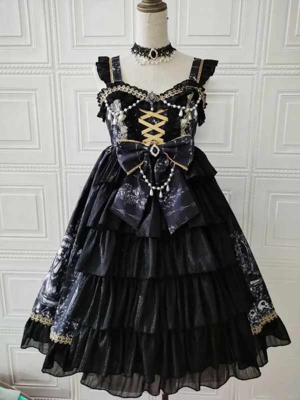 Black Retro Print Gothic Lolita JSK Suspender Dress Black Retro Print Gothic Lolita JSK Suspender Dress