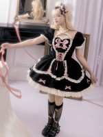 Black and Pink Sweet Short OP Lace Bow Lolita Dress Black and Pink Sweet Short OP Lace Bow Lolita Dress