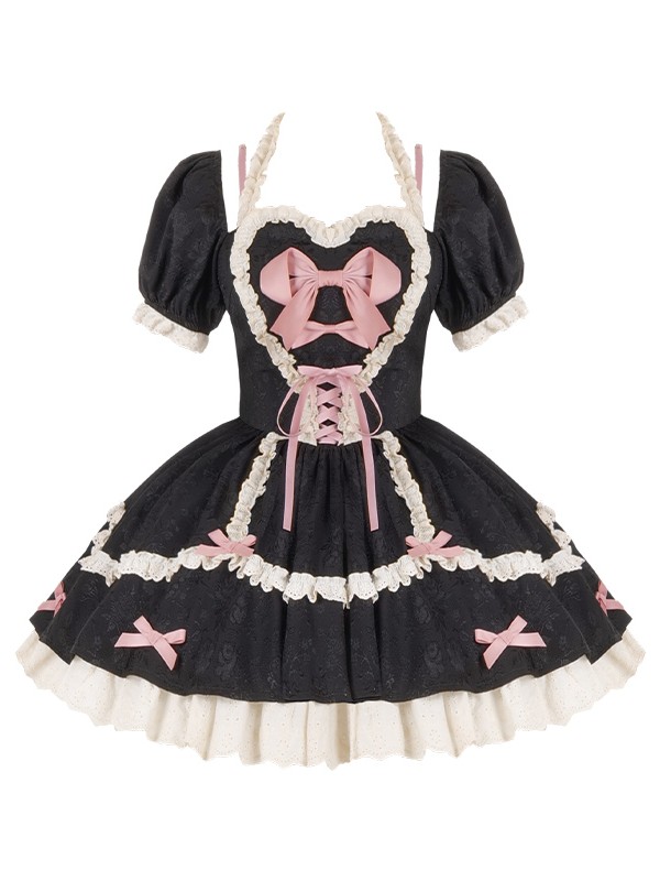Black and Pink Sweet Short OP Lace Bow Lolita Dress Black and Pink Sweet Short OP Lace Bow Lolita Dress