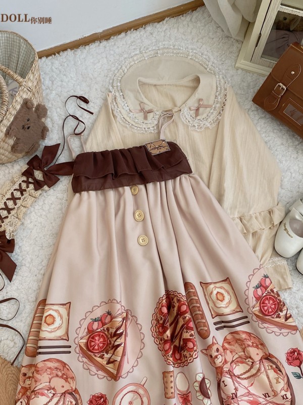 Chiffon Lotus Leaf Retro Print Soft Button Suspender Dress Chiffon Lotus Leaf Retro Print Soft Button Suspender Dress