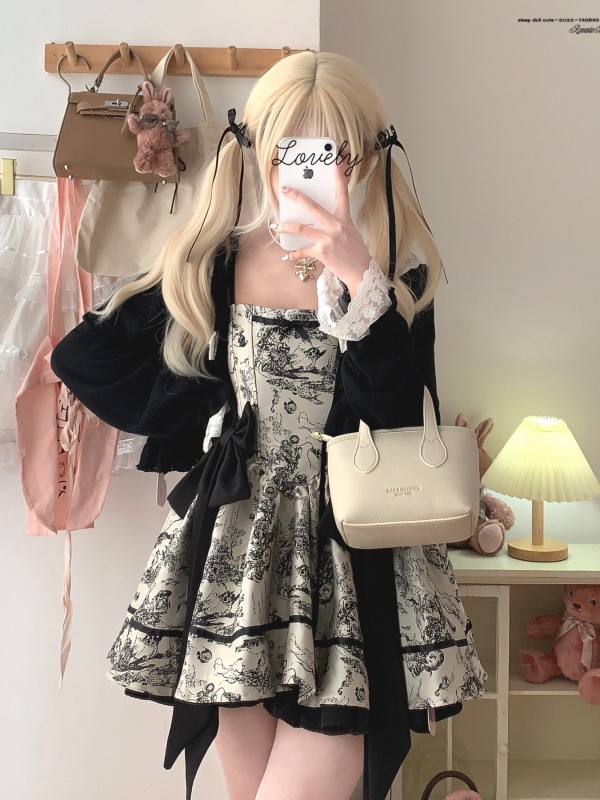 Sweet Gothic Jacquard Retro Bowknot Suspender Dress Sweet Gothic Jacquard Retro Bowknot Suspender Dress