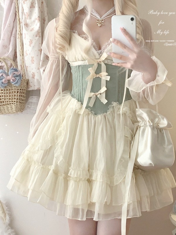 Sweet Lolita Bow Jacquard Retro Suspender Puffy Dress Sweet Lolita Bow Jacquard Retro Suspender Puffy Dress