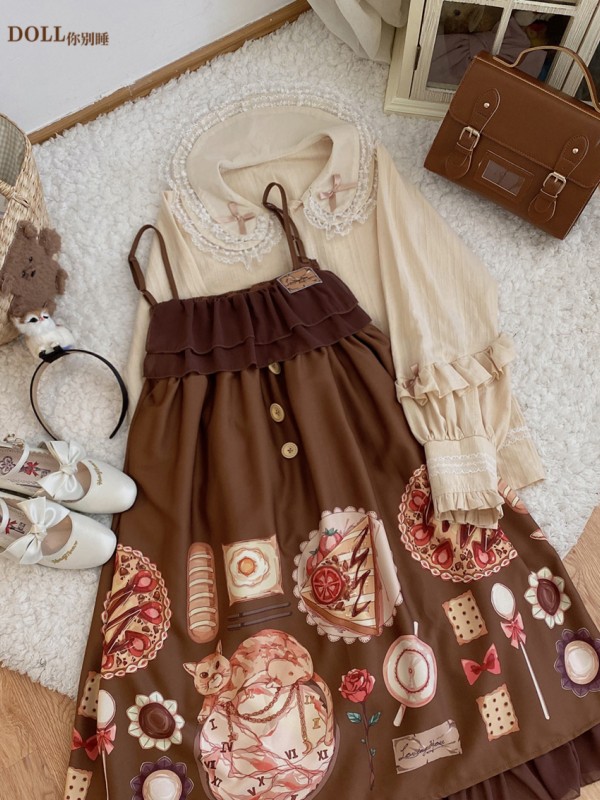 Chiffon Lotus Leaf Retro Print Soft Button Suspender Dress Chiffon Lotus Leaf Retro Print Soft Button Suspender Dress