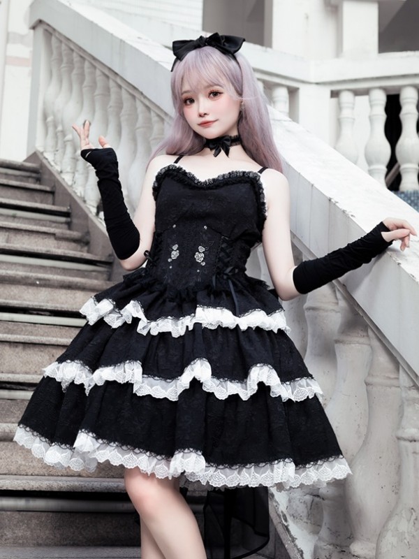 Embroidered Gothic Style Dark Princess Dress Black and White Lolita Suspender Skirt Embroidered Gothic Style Dark Princess Dress Black and White Lolita Suspender Skirt