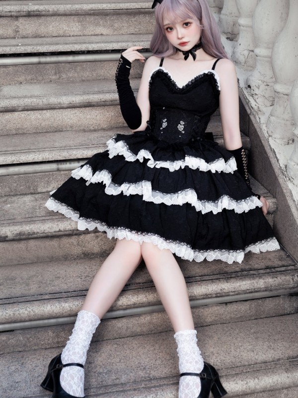 Embroidered Gothic Style Dark Princess Dress Black and White Lolita Suspender Skirt Embroidered Gothic Style Dark Princess Dress Black and White Lolita Suspender Skirt