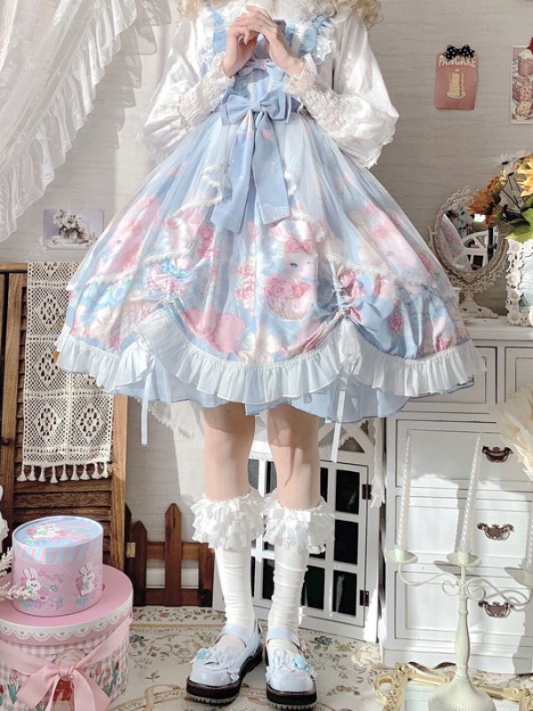 Sweet and Cute Blue Printed Dress JSK Lolita Suspender Skirt Sweet and Cute Blue Printed Dress JSK Lolita Suspender Skirt