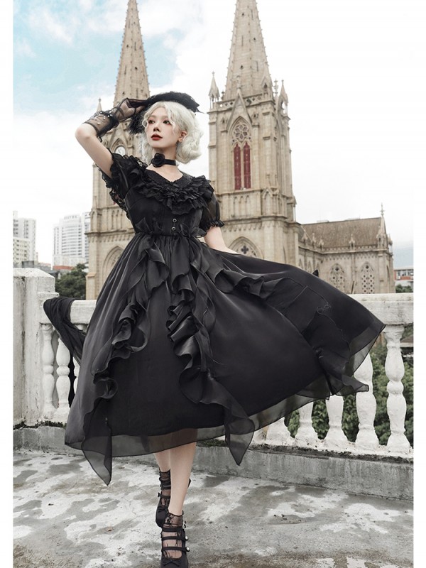 Sweet Gothic V-neck Ruffle Dress Lolita Dress Sweet Gothic V-neck Ruffle Dress Lolita Dress