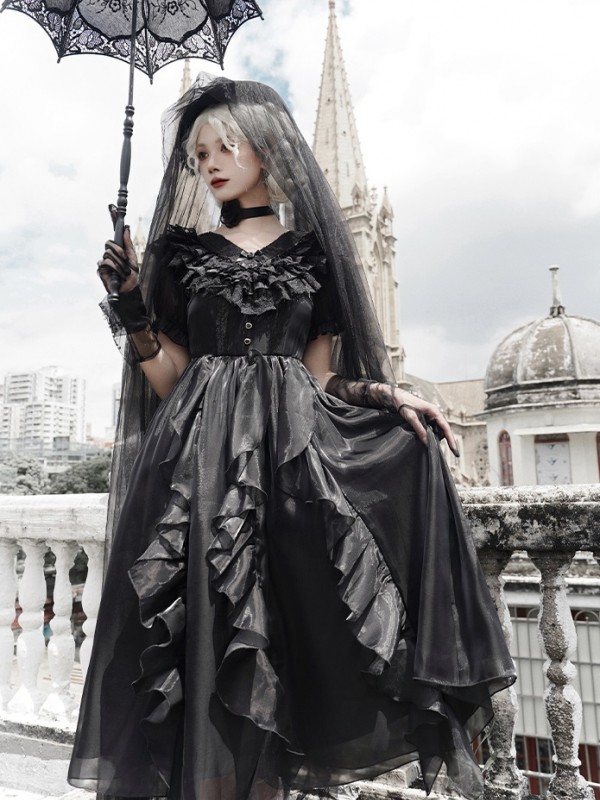 Sweet Gothic V-neck Ruffle Dress Lolita Dress Sweet Gothic V-neck Ruffle Dress Lolita Dress