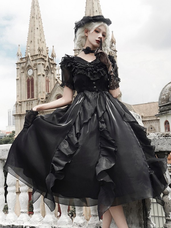 Sweet Gothic V-neck Ruffle Dress Lolita Dress Sweet Gothic V-neck Ruffle Dress Lolita Dress