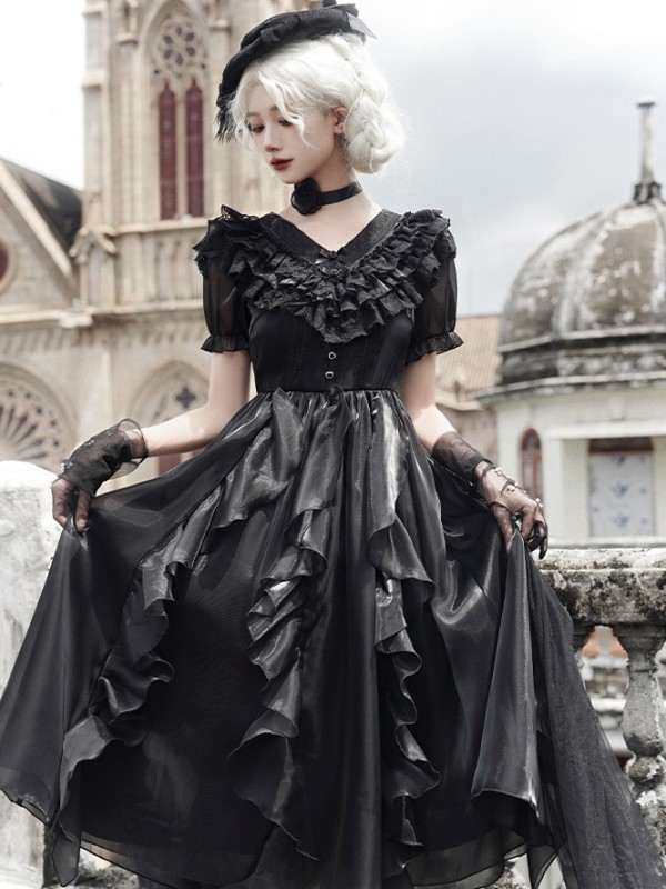 Sweet Gothic V-neck Ruffle Dress Lolita Dress Sweet Gothic V-neck Ruffle Dress Lolita Dress