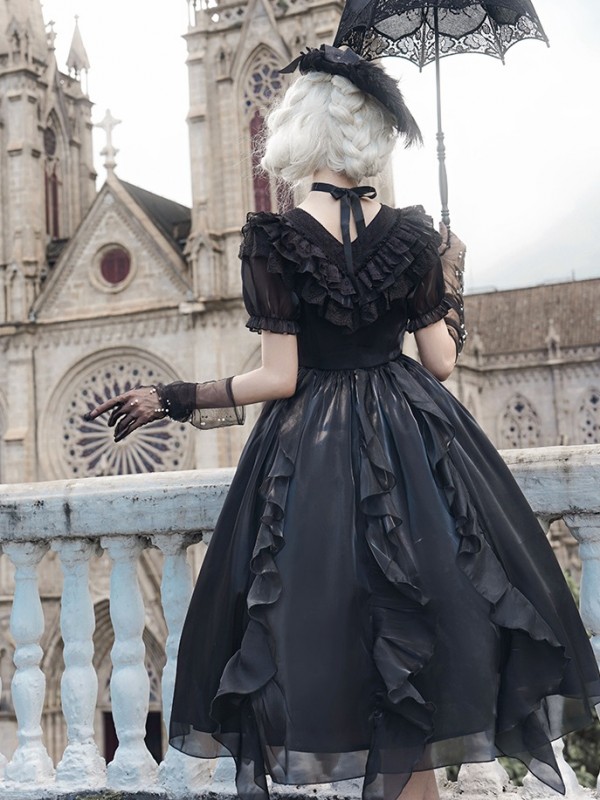 Sweet Gothic V-neck Ruffle Dress Lolita Dress Sweet Gothic V-neck Ruffle Dress Lolita Dress