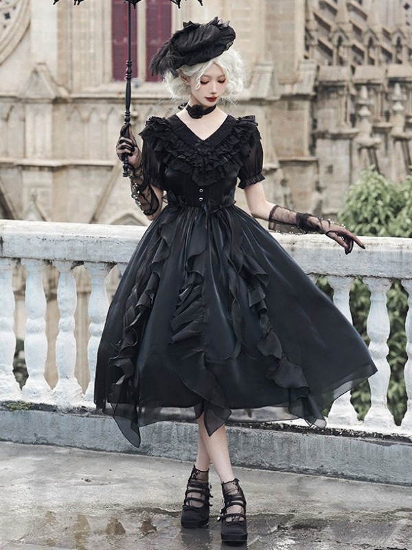 Sweet Gothic V-neck Ruffle Dress Lolita Dress Sweet Gothic V-neck Ruffle Dress Lolita Dress
