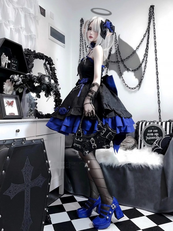 Blue and Black Gothic Lolita Dress JSK Sweet and Cool Puffy Princess Dress Blue and Black Gothic Lolita Dress JSK Sweet and Cool Puffy Princess Dress