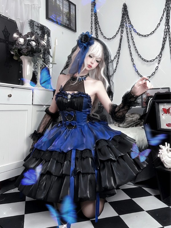 Black and Blue Lolita Princess Style Halter Neck Suspender Short Skirt Tutu Skirt Black and Blue Lolita Princess Style Halter Neck Suspender Short Skirt Tutu Skirt