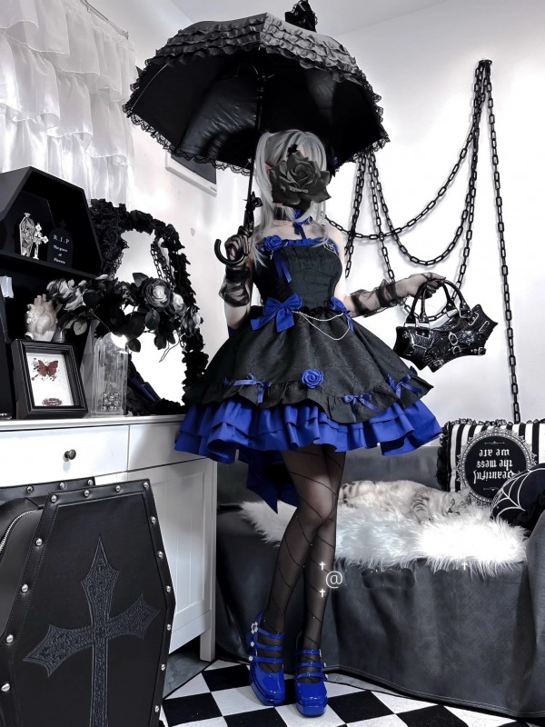 Blue and Black Gothic Lolita Dress JSK Sweet and Cool Puffy Princess Dress Blue and Black Gothic Lolita Dress JSK Sweet and Cool Puffy Princess Dress