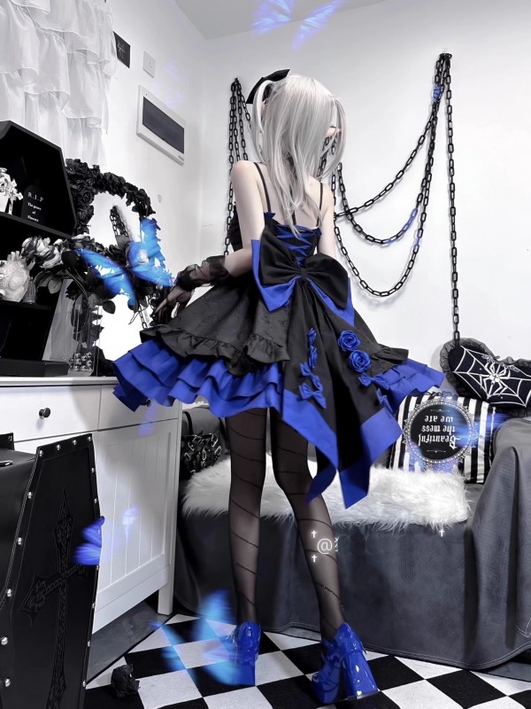 Blue and Black Gothic Lolita Dress JSK Sweet and Cool Puffy Princess Dress Blue and Black Gothic Lolita Dress JSK Sweet and Cool Puffy Princess Dress
