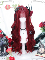 Lolita Bangs Long Curly Hair JK Wine Red Long Hair Wig Lolita Bangs Long Curly Hair JK Wine Red Long Hair Wig