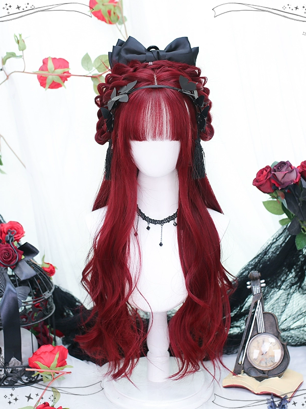 Lolita Bangs Long Curly Hair JK Wine Red Long Hair Wig Lolita Bangs Long Curly Hair JK Wine Red Long Hair Wig