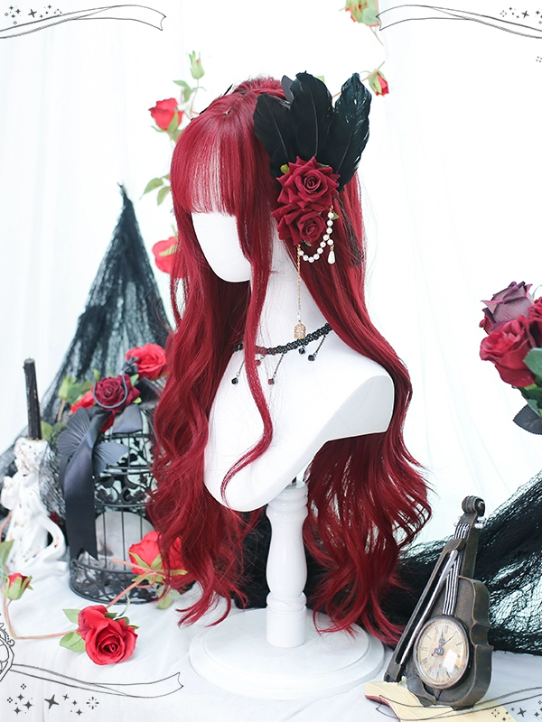 Lolita Bangs Long Curly Hair JK Wine Red Long Hair Wig Lolita Bangs Long Curly Hair JK Wine Red Long Hair Wig