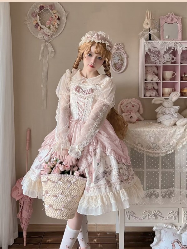 Elegant Retro Lolita Dress JSK Pink Lace Lolita Suspender Dress Elegant Retro Lolita Dress JSK Pink Lace Lolita Suspender Dress