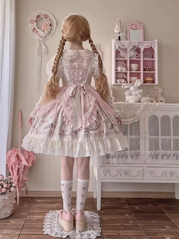 Elegant Retro Lolita Dress JSK Pink Lace Lolita Suspender Dress Elegant Retro Lolita Dress JSK Pink Lace Lolita Suspender Dress