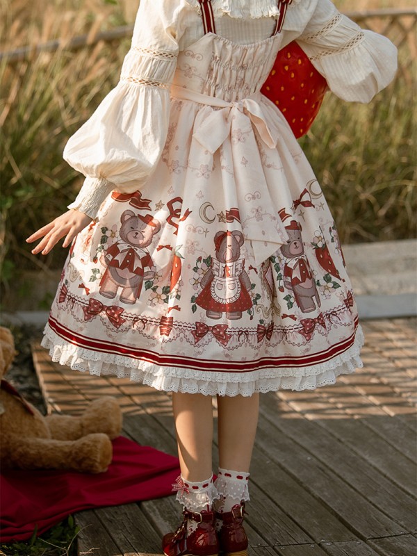 Sweet and cute Girl Bear Print JSK Suspender Skirt Sweet and cute Girl Bear Print JSK Suspender Skirt