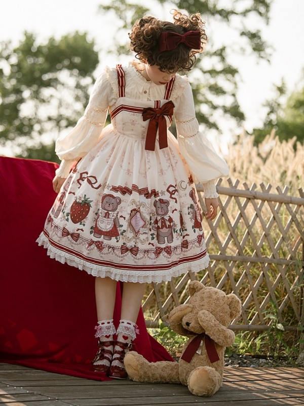 Sweet and cute Girl Bear Print JSK Suspender Skirt Sweet and cute Girl Bear Print JSK Suspender Skirt