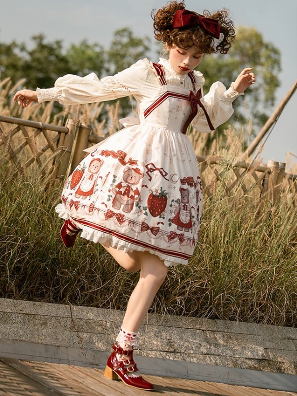 Sweet and cute Girl Bear Print JSK Suspender Skirt Sweet and cute Girl Bear Print JSK Suspender Skirt