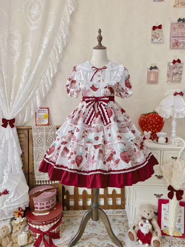 Strawberry Sweet Lolita Dress OP Cute Sweet Cake Skirt Strawberry Sweet Lolita Dress OP Cute Sweet Cake Skirt