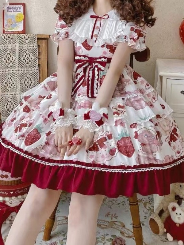 Strawberry Sweet Lolita Dress OP Cute Sweet Cake Skirt Strawberry Sweet Lolita Dress OP Cute Sweet Cake Skirt