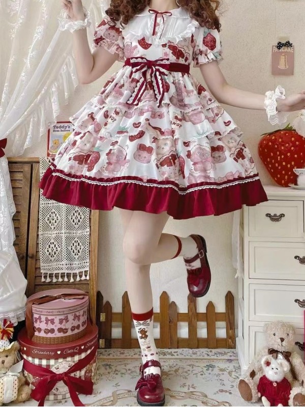 Strawberry Sweet Lolita Dress OP Cute Sweet Cake Skirt Strawberry Sweet Lolita Dress OP Cute Sweet Cake Skirt