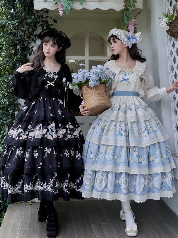 Black Sweet Pastoral Print Embroidery Four-section j Lolita JSK Suspender Dress Black Sweet Pastoral Print Embroidery Four-section j Lolita JSK Suspender Dress