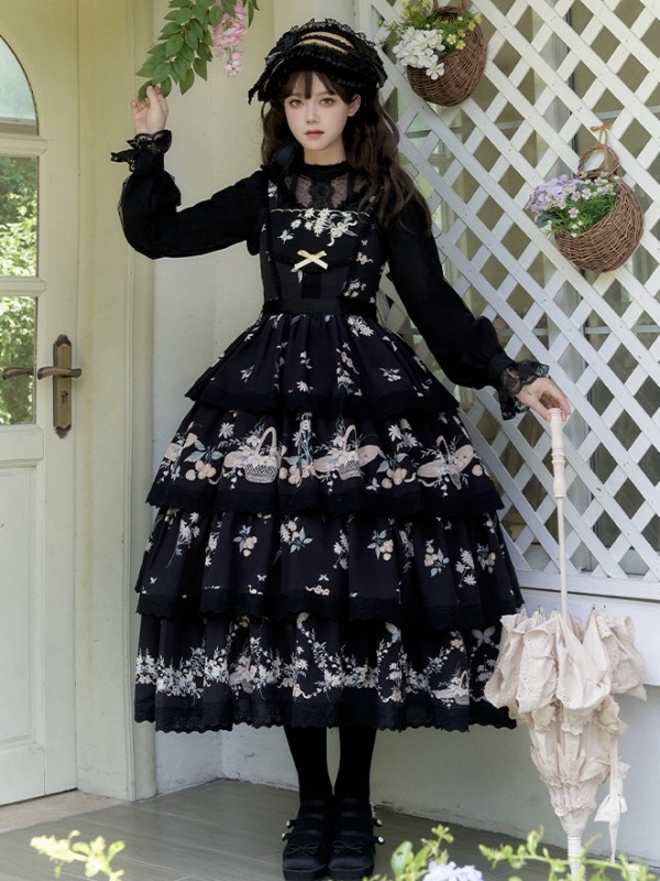 Black Sweet Pastoral Print Embroidery Four-section j Lolita JSK Suspender Dress Black Sweet Pastoral Print Embroidery Four-section j Lolita JSK Suspender Dress