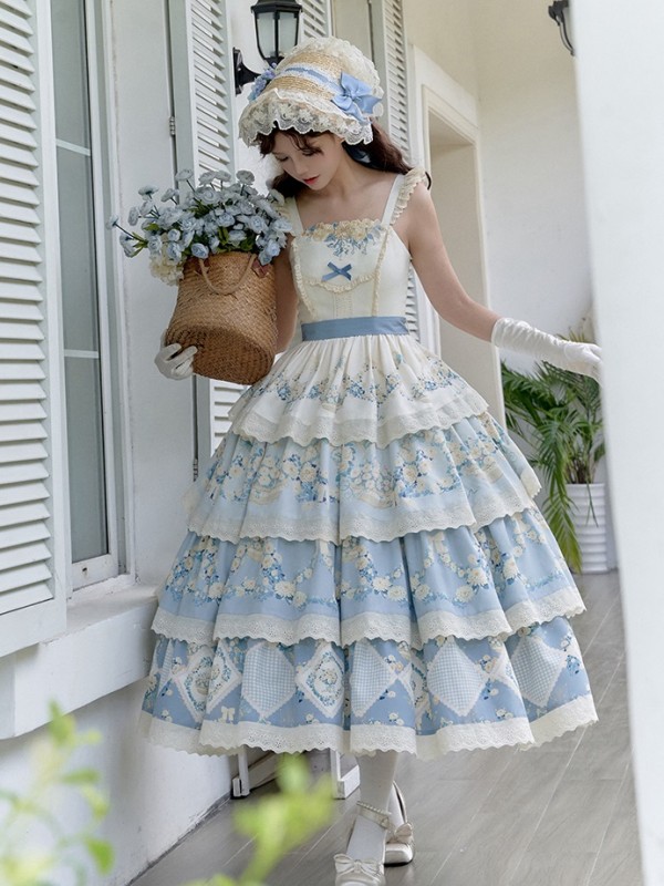 Sweet Pastoral Print Embroidery Four-section j Lolita JSK Suspender Dress Sweet Pastoral Print Embroidery Four-section j Lolita JSK Suspender Dress