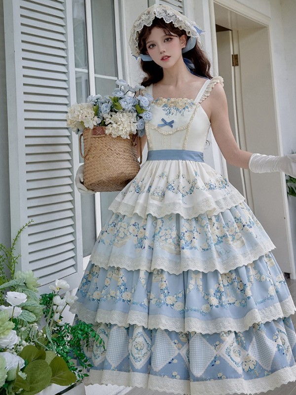 Sweet Pastoral Print Embroidery Four-section j Lolita JSK Suspender Dress Sweet Pastoral Print Embroidery Four-section j Lolita JSK Suspender Dress