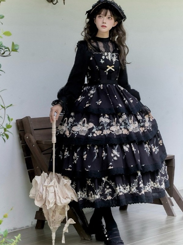 Black Sweet Pastoral Print Embroidery Four-section j Lolita JSK Suspender Dress Black Sweet Pastoral Print Embroidery Four-section j Lolita JSK Suspender Dress
