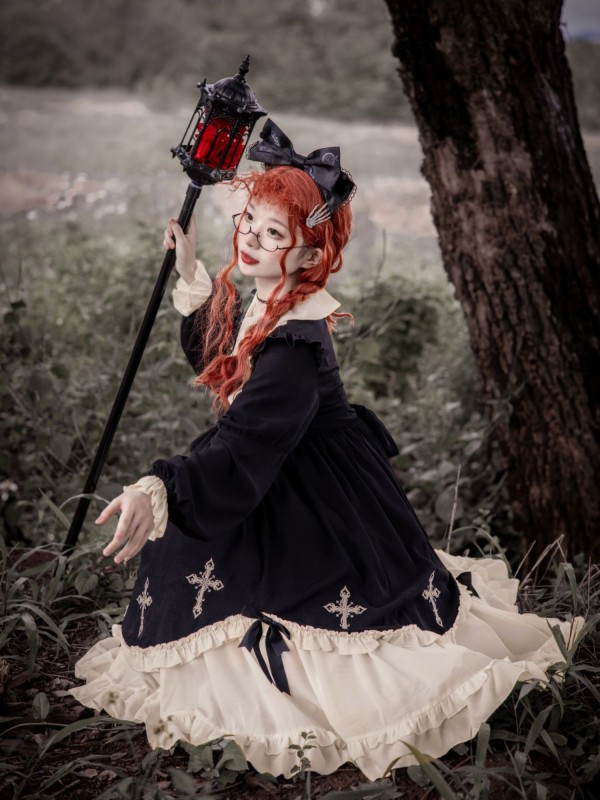 Gothic Starry Night Cross Embroidery Dress Dark Lolita Dress Gothic Starry Night Cross Embroidery Dress Dark Lolita Dress