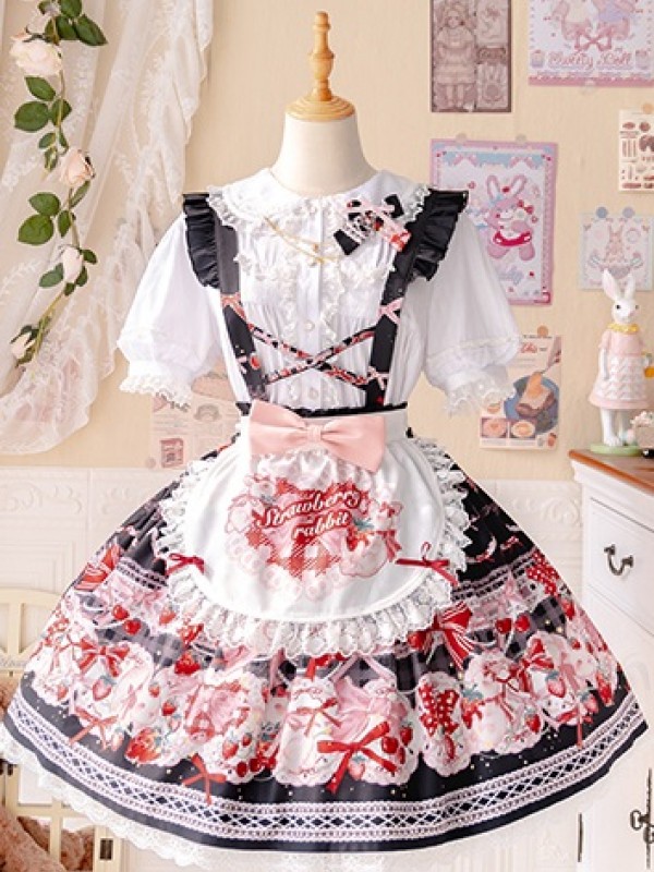 Black Sweet and Cute Bunny Strawberry Lolita Suspender Skirt SK Set Black Sweet and Cute Bunny Strawberry Lolita Suspender Skirt SK Set