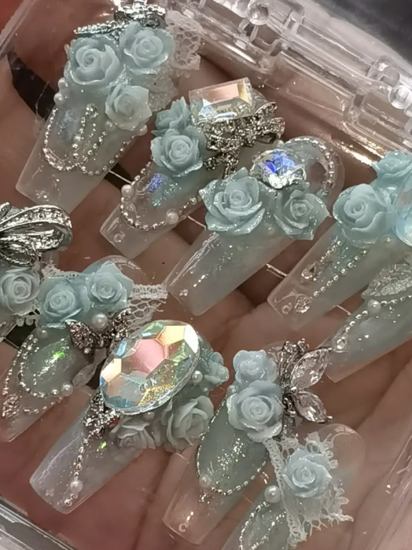 Blue Mint Mambo Rose Flower Wearable Nail Art Blue Mint Mambo Rose Flower Wearable Nail Art