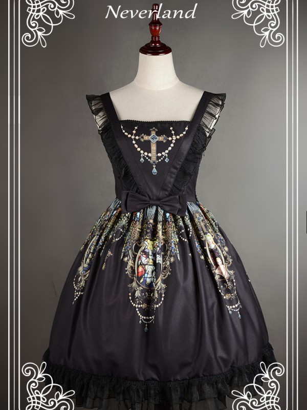 Vintage Madonna Cross Print V Waist Lolita Jumperskirt