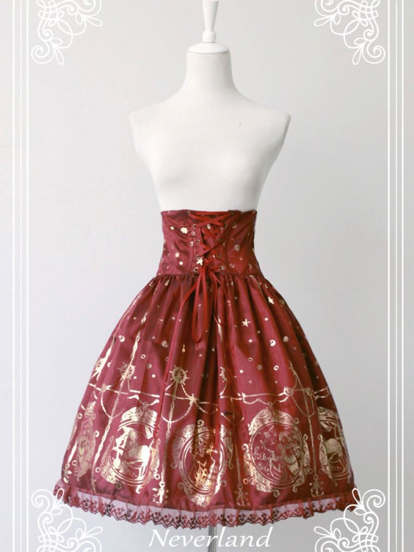 Gold Vintage Print Mermaid Song High-waisted Lolita Fishbone Skirt