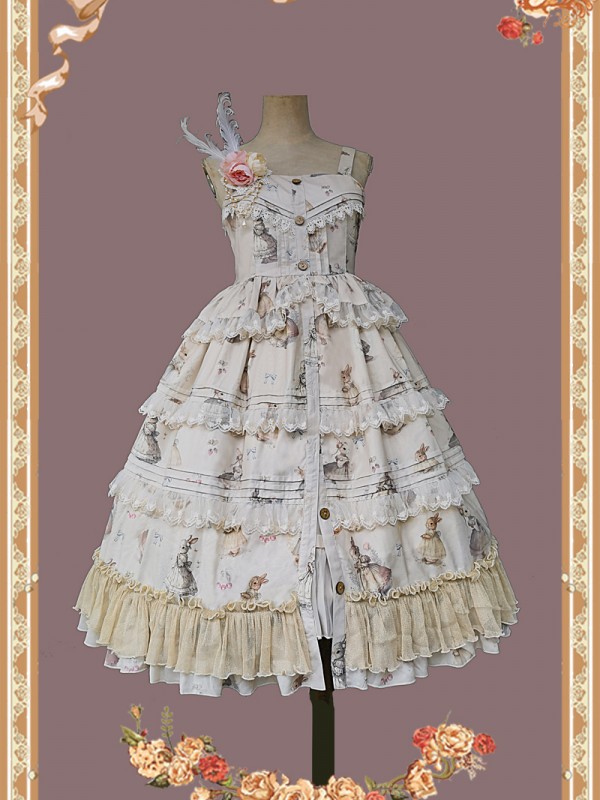 INFANTA * Miss Rabbit Dance Song * Mid Open JSK Printed Elegant Mid length Skirt INFANTA * Miss Rabbit Dance Song * Mid Open JSK Printed Elegant Mid length Skirt