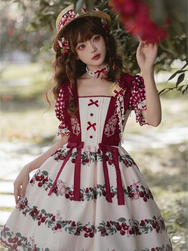 【Midsummer Orchard】~lolita Onepiece~Cherry Bunny Printed Skirt~Summer model 【Midsummer Orchard】~lolita Onepiece~Cherry Bunny Printed Skirt~Summer model