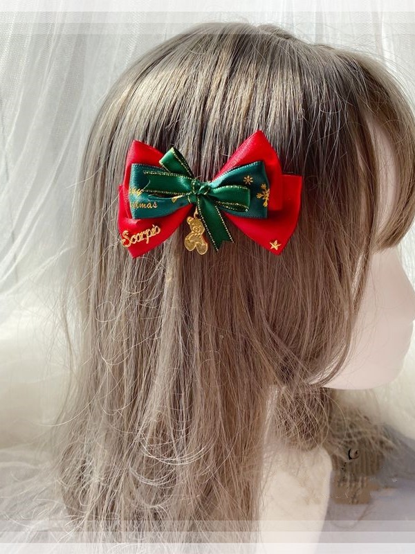 Red Bow Hair Clip with A Bear Pendant