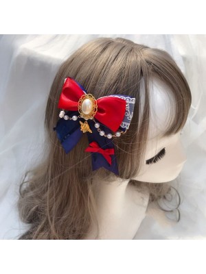 Red Bowknot Hair Clip with Artificial Pearl Chain