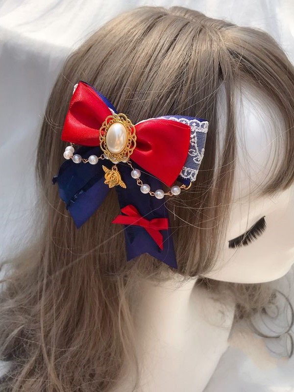 Red Bowknot Hair Clip with Artificial Pearl Chain