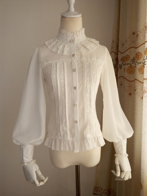 Rerto Ruffled Stand Collar Long Ballon Sleeve Blouse