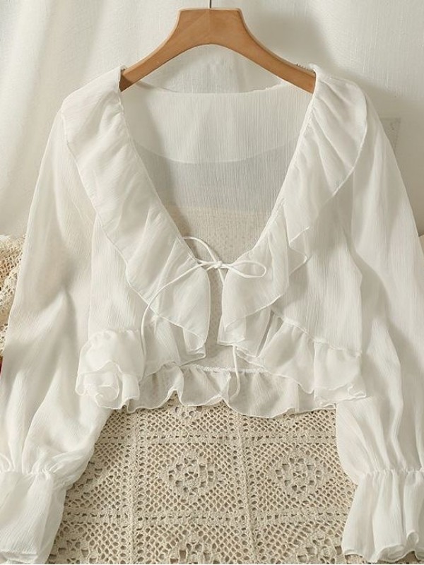 Ruffle edge long sleeved V-neck outerwear Ruffle edge long sleeved V-neck outerwear
