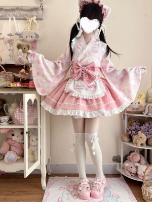 【Summer cute Cat】~Lolita~Pink Japanesestyle Maid Dress
